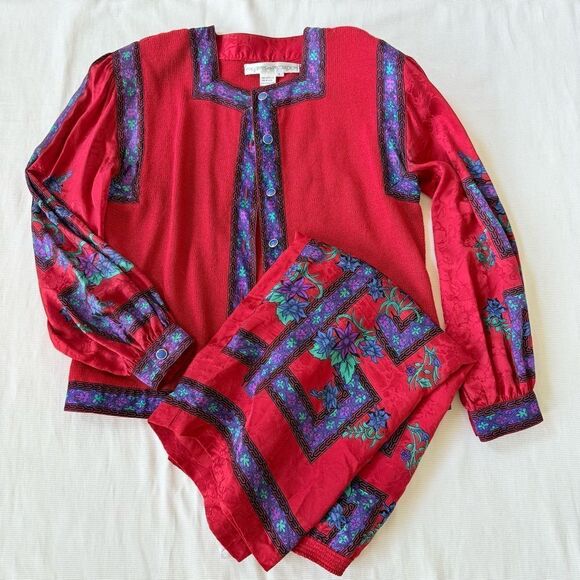 Anne Crimmins Umi Collections Womens Cardigan Sweater Skirt Silk Set Floral L 12 - Picture 1 of 5